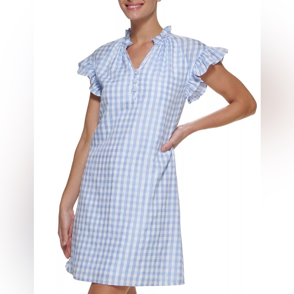 DKNY Gingham Flutter-Sleeve Shirt Dress 👗- NWT